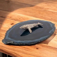 VTG Pewter Whale Figurine on Blue Agate Base Ocean Marine Life Sculpture