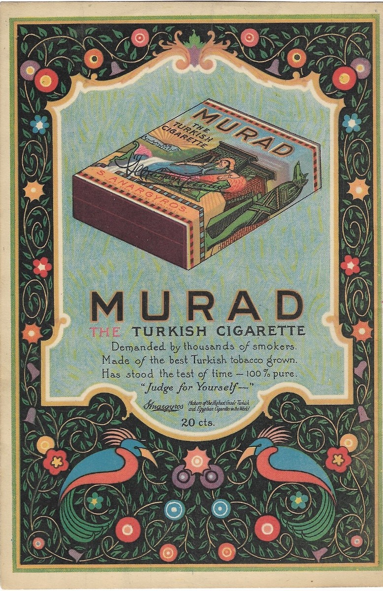 Antique Vintage 1920's Smoking Murad Turkish Cigarettes - 1924 Art Deco  Color AD