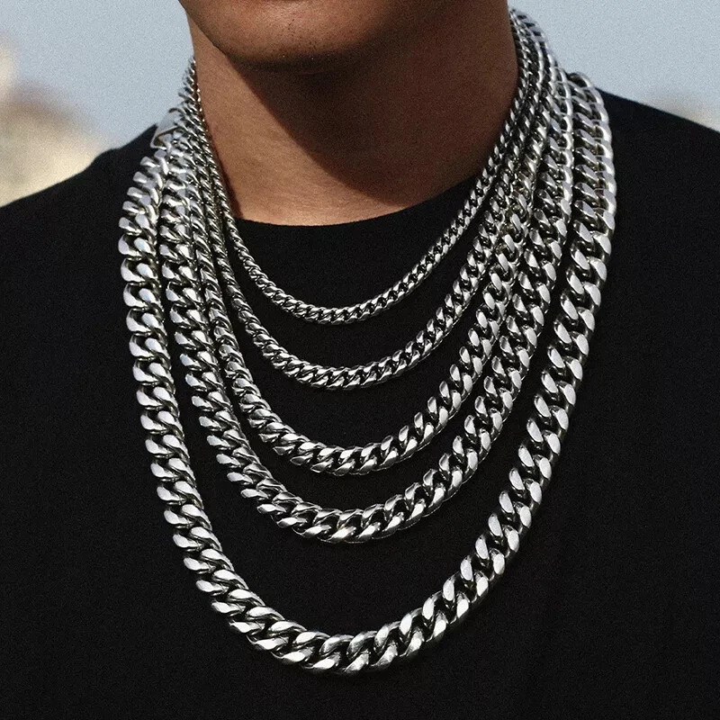 11mm Enamel Cuban Link Necklace Chain White/Silver 18 inch