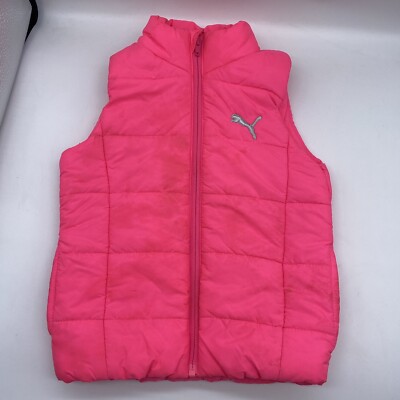 Puma Zip Puffer Vest Bright Hot Pink Embroidered Logo Girls M 10-12