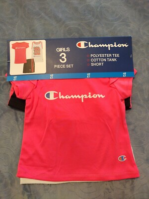 Champion Girls Toddler Piece Pink Shirt/Black Shorts/White Tank Top Set  Sz 2T
