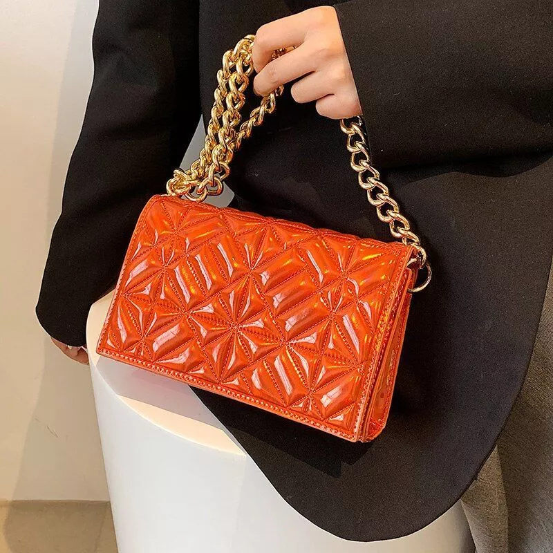 Metal Chain Shoulder Bag Handbag Purse Shiny Leather Small Fashion 22 14 7 CM