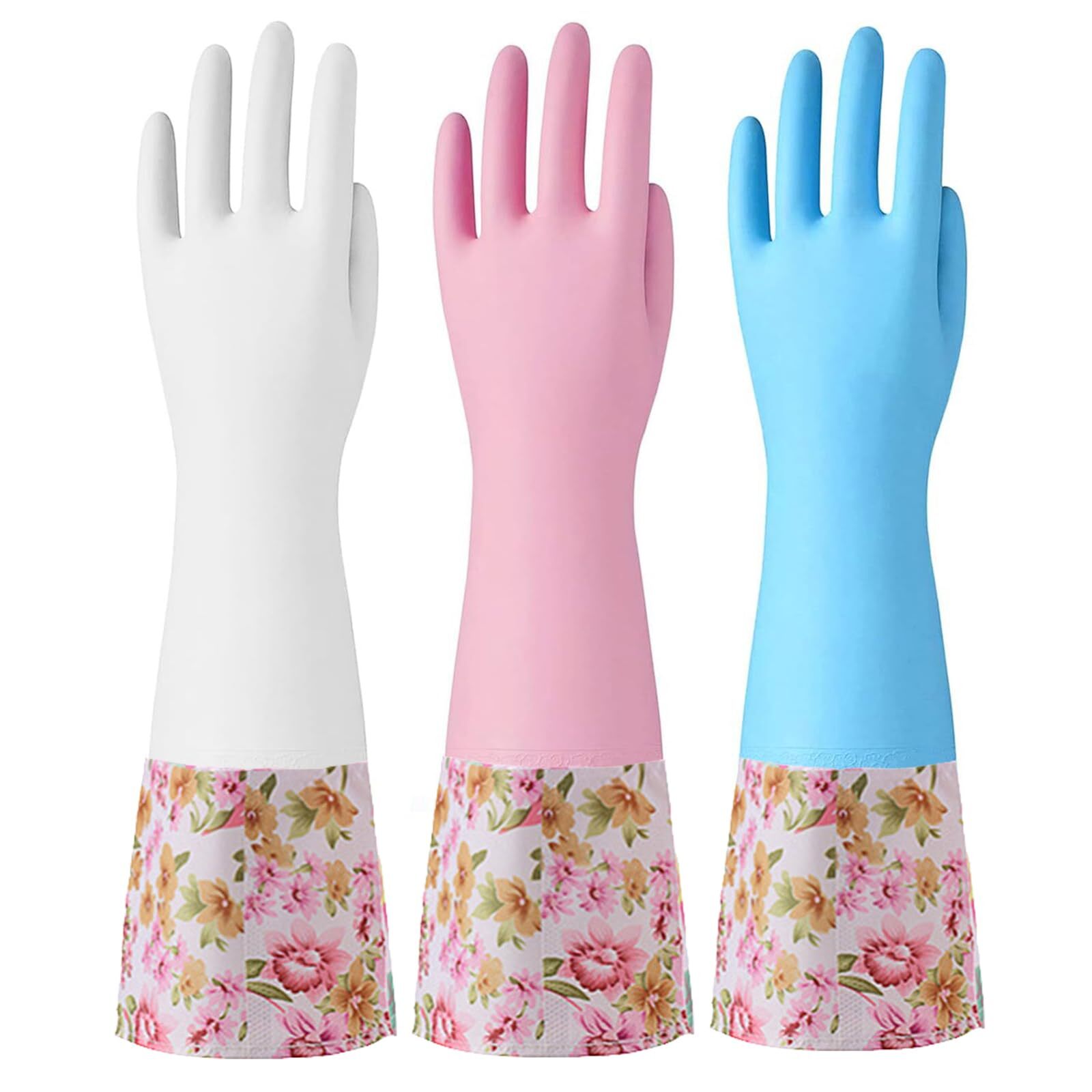 3 pairs rubber cleaning gloves with flocked lining for kitchen and dishwashing