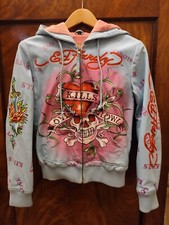 Genuine Rare Ornate Ed Hardy / Christian Audigier Blue Hoodie Leather Jacket. 