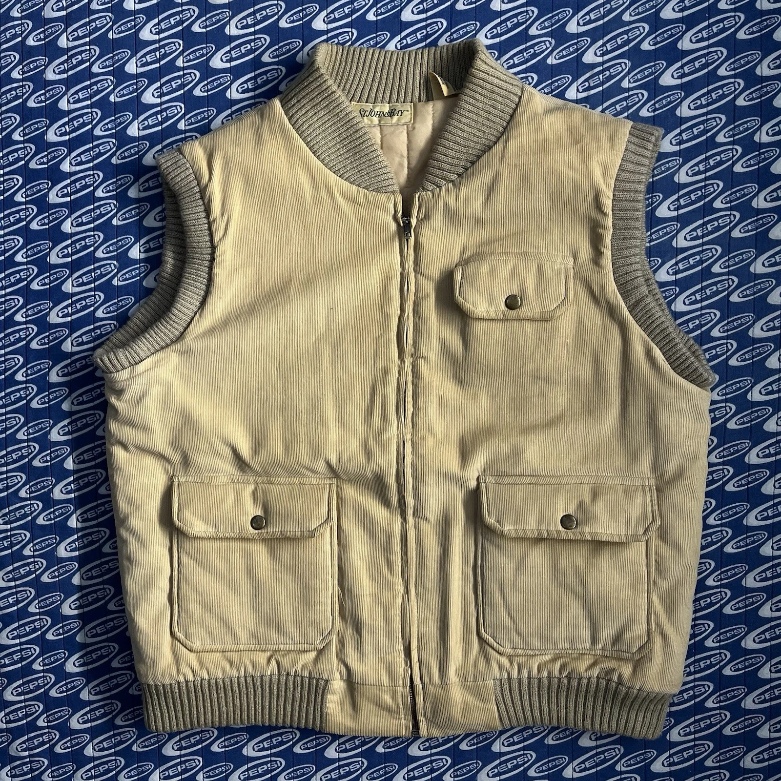 Vintage St Johns Bay Vest Mens Large Tan Corduroy Quilted Utility Pockets 90s