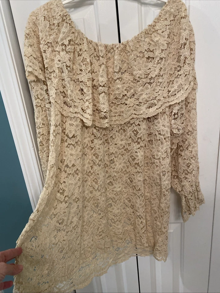 Victoria’s Secret VTG- Women’s Gold Label Tan Lace Ruffle Boho Cottage Dress - L - Image 4 of 4