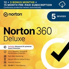 Norton 360 Deluxe Antivirus 2026 VPN 5 Devices 15 MONTHS 5 Minute Delivery