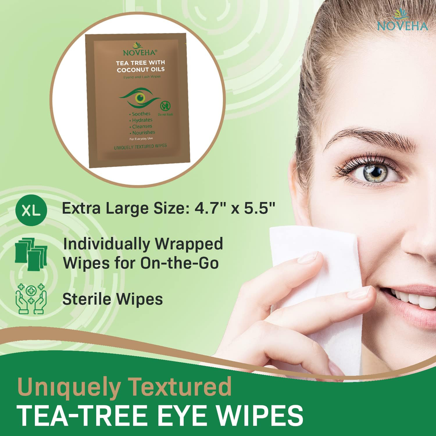 NOVEHA 60Pcs Tea Tree & Coconut Oil Eyelid & Lash Wipes - for Demodex, Blepharit