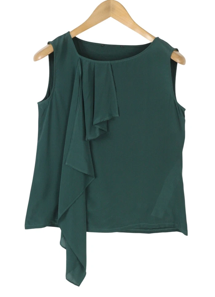 Max Mara T-Shirt Femme Sans Manches Col Rond S Vert En Soie Volants - Photo 2/4
