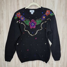 VTG Women s Beaded Sweater Tunic Black Floral Sequins Beading Small 80s Party