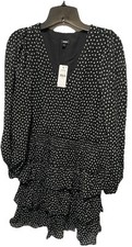 Express Black White Polka Dot Vneck Tiered Smocked Waist Long Sleeve Dress S NWT