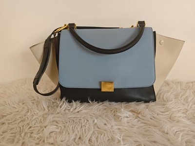 Authentic CÉLINE Trapeze Bag Tri-Color Blue Black Cream Leather Medium Gold HW