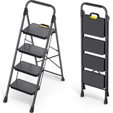 4 Step Ladder, Sturdy Steel Step Stool with Anti-Slip Wide Pedals, Handrail, ...