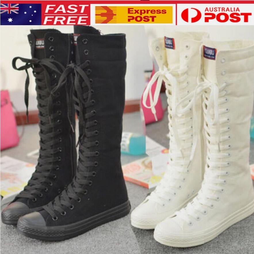 Womens Girls Lace Up Canvas Boots Zip Flat Knee High Sneakers Dress Dance Shoes