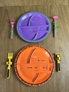 Lot of 2 Constructive Eating Children Kids Plates & Utensils Garden Construction