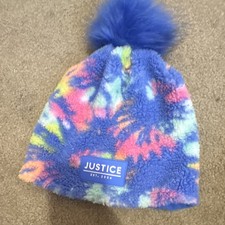 Justice Girls Tie Dye Fleece Beanie Hat Blue Multicolor Pom-Pom One Size
