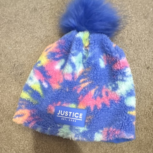 Justice Girls Tie Dye Fleece Beanie Hat Blue Multicolor Pom-Pom One Size