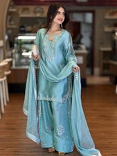 Pure Roman Glass Silk Sky Blue Top Palazzo With Dupatta For Women Party Wear