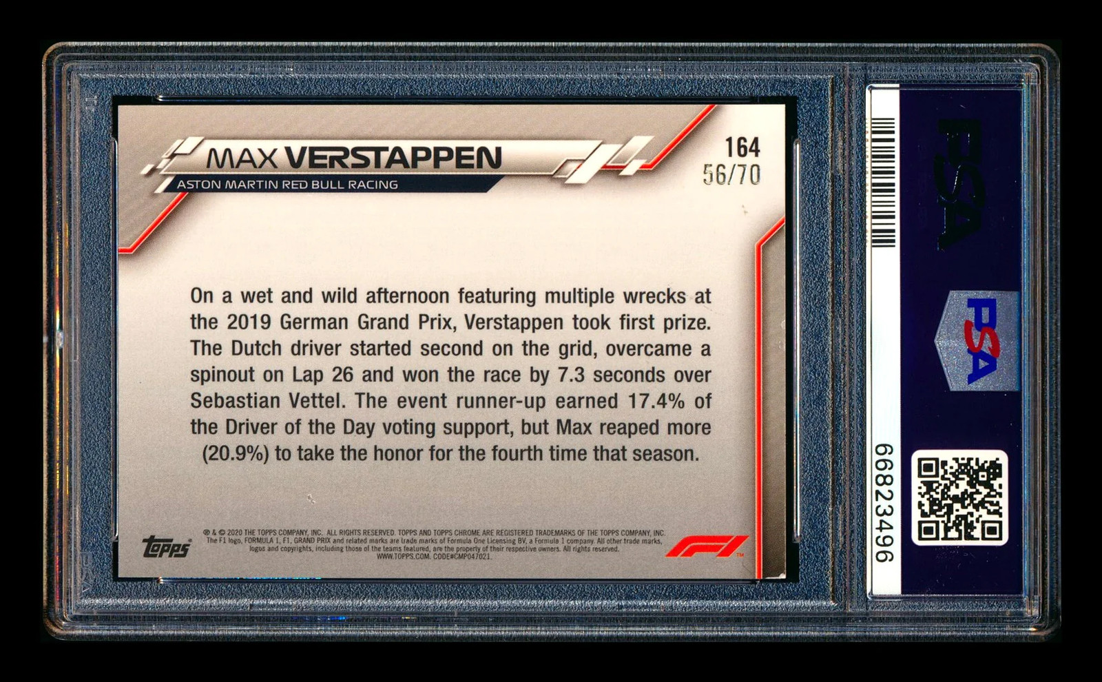 2020 Topps Chrome Sapphire F1 #164 Max Verstappen RC 70th Refractor #56/70 PSA 9 view 2