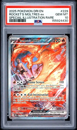 2025 POKEMON DRI EN-DESTINED RIVALS #229 ROCKET'S MOLTRES EX PSA 10
