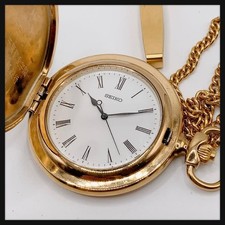 SEIKO 7N21 0400 Pocket Watch Gold Tone Quartz Chain Included Genuine