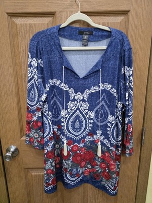 Ali Miles Shirt Womens 1X Blue Paisley Tassel V-Neck 3/4 Sleeve Tunic