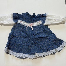Dress VTG 24 months Bryan Blue Pink Floral Lace Ruffled Pinafore Bow Long Sleeve