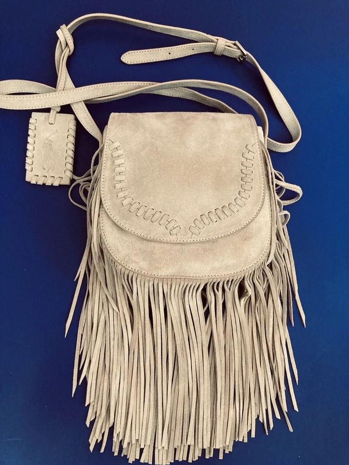 Polo Ralph Lauren LT Tan Sm Suede Fringe Detail Cross Body Bag Snap Close NWOT - Image 2 of 4