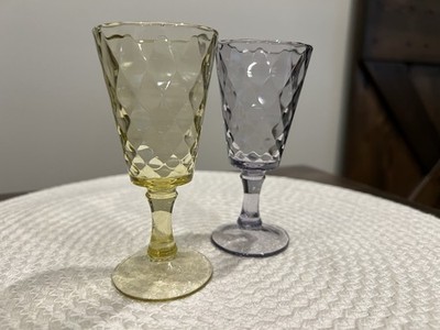 2 EAPG 1890's Bryce Bros Diamond Quilted Glass Stem Goblets, Yellow & Grey