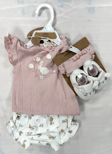 Rabbit + Bear Organic Baby Girl 4Pc Outfit Set 3-6M Bunny NWT Cotton Pink