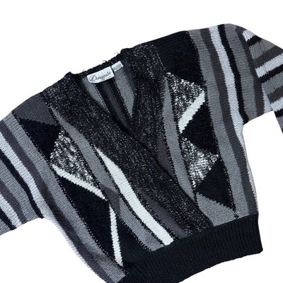 Vintage Geometric Knit Sweater Donagain Korea Funky 80S V Neck Shoulder Pads
