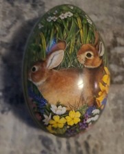 Vtg decorative metal egg candy container Rabbits in flowers