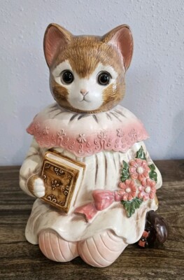 Vintage Japan Emily the Cat Cookie Jar Holding Book and Flowers