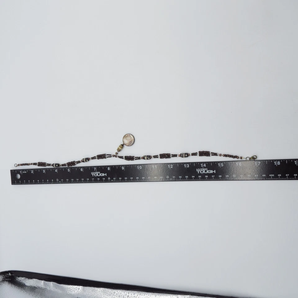 Brown Shell Pendant Beaded Necklace Black Dzi Beads Boho Ethnic 17" - Image 4 of 4