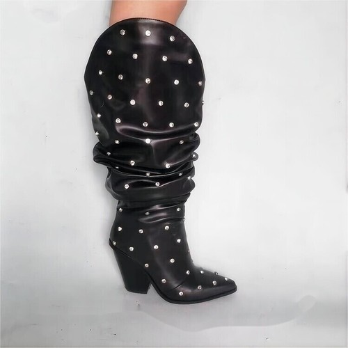 Damen 2024 modische spitze Zehenspitzen Nieten Blockabsatz lässig Stiefel Schuhe - Bild 3 von 6