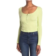 Elodie Bright Green Zip Ribbed Long Sleeved Cropped Womens Top Large NEW