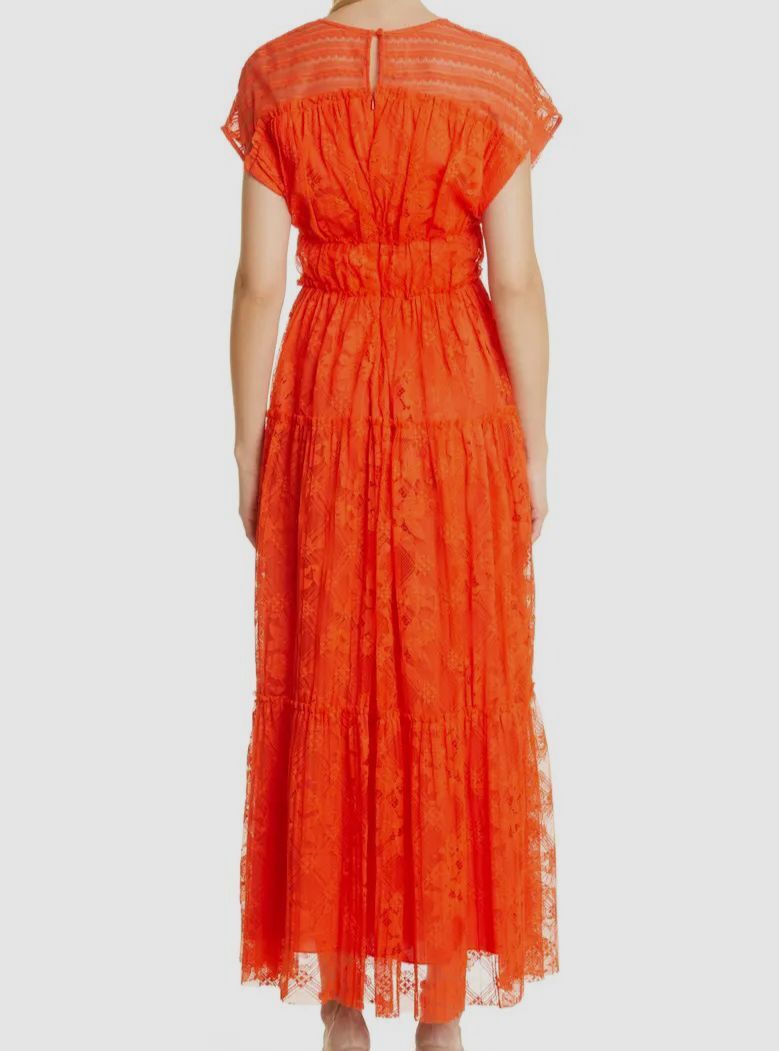 lela rose red lace dress Lela Rose V-Neck Fruit Lace Slit-Hem Sleeveless Gown