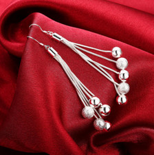 Womens Sterling Silver 5 Thread Ball Beads Long Drop Dangle Charm Earrings EA73