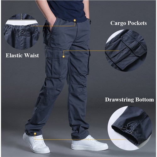 Men Cotton Cargo Trousers Pockets Outdoor Sports Workwear Pants Casual Loose - Picture 6 of 17