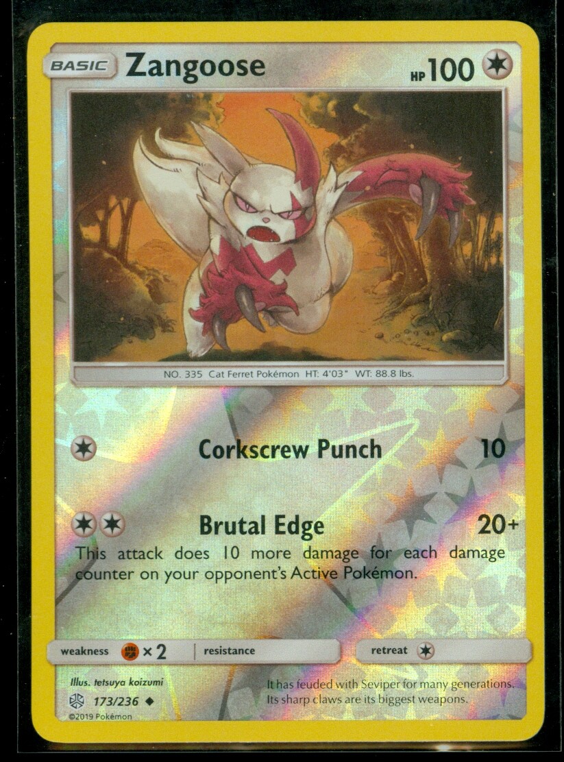 Pokemon ZANGOOSE 173/236 Cosmic Eclipse Rev Holo - MINT