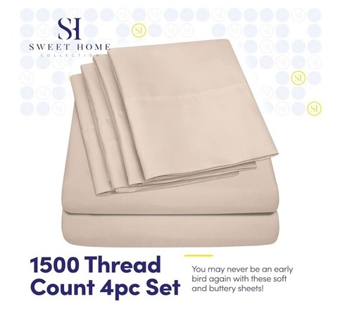 Sweet Home 4 Piece Bed Sheet Set Deep Pocket Bedding Twin Beige