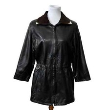 Duck Sport Ny Women Small Black Leather Long Sleeve Jacket With Calf Hair Collar