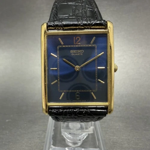 Seiko Tank Watch Men 25mm Blue Dial Gold Tone Rectangle V700-5K39 New Battery