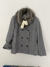 Image of Women's PRECIS Petite Grey Wool Coat Size14 Faux Fur Collar NWT