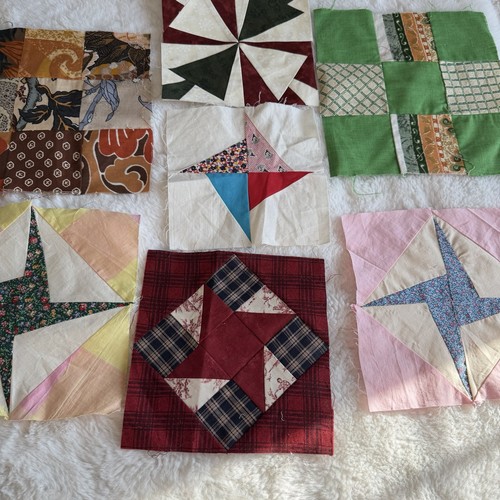 Vintage Quilt Blocks Lot of 7 Mixed Patterns Star Pinwheel  1930s-1970s