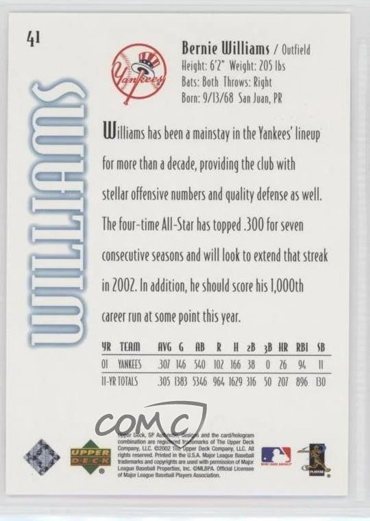 2002 SP Authentic Limited Missing Serial Number Bernie Williams #41 - Image 2 of 2