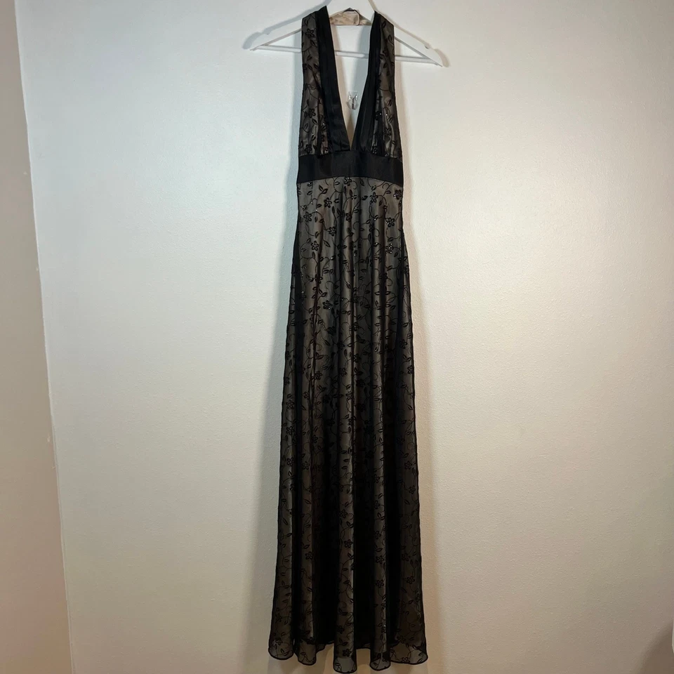 VTG Morgan & Co 90s Y2K Black Lace Halter Gown Satin Lined XS/S Glam Goth Prom - Image 2 of 4