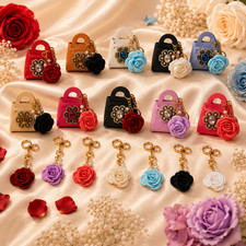 Mini Faux Leather Purse Keychain Bag Charm Rose Dangle Pearl Crystal Accessory