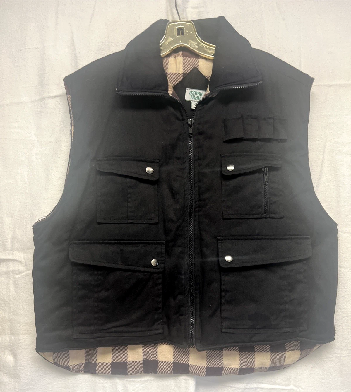 Trails End Vest Mens Large Vtg Full Zip Black Pockets Flannel Lined Warm