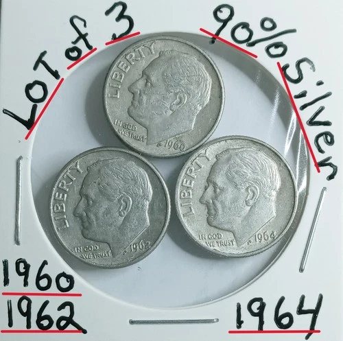 LOT of 3 Roosevelt Dime 1960-1962-D RPM 1964 90% Silver VG Condition Look &Judge